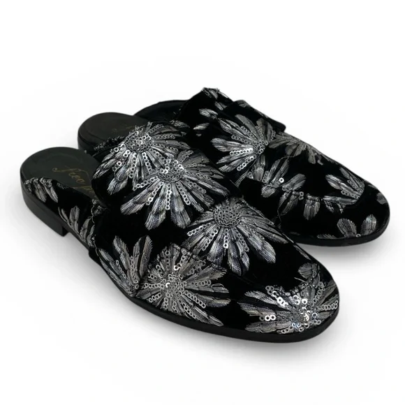 Free People Shoes Black Velvet Mules Silver Embroidered Flowers Size 36 6 - Picture 3 of 14